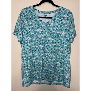 Lands End Women Floral V Neck Short Sleeve T Shirt Top M‎ 10 12 Teal Blue